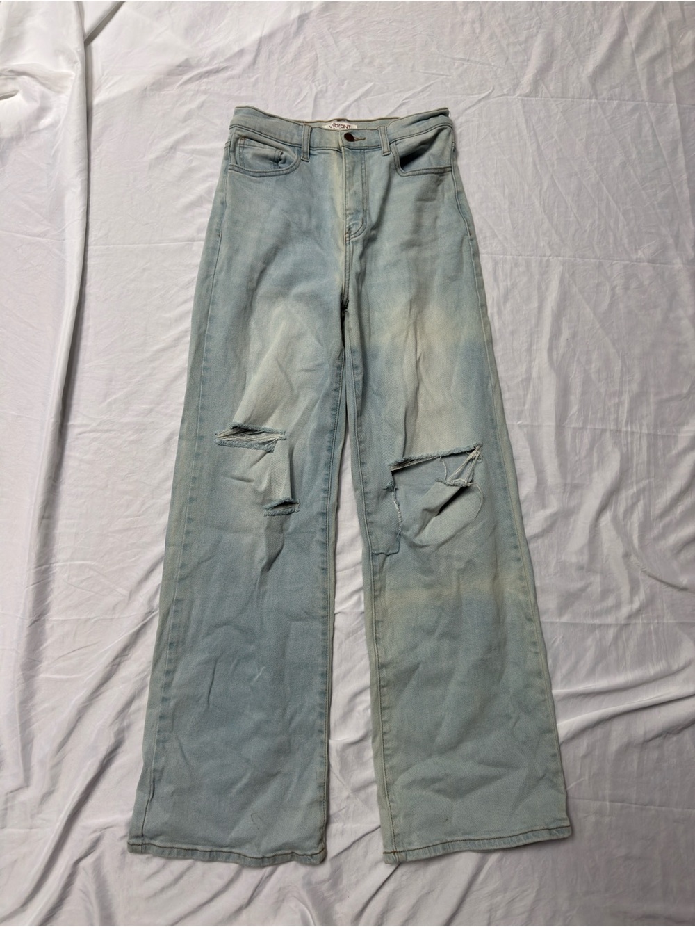 Vibrant Light Blue Distressed Wide Leg Jeans